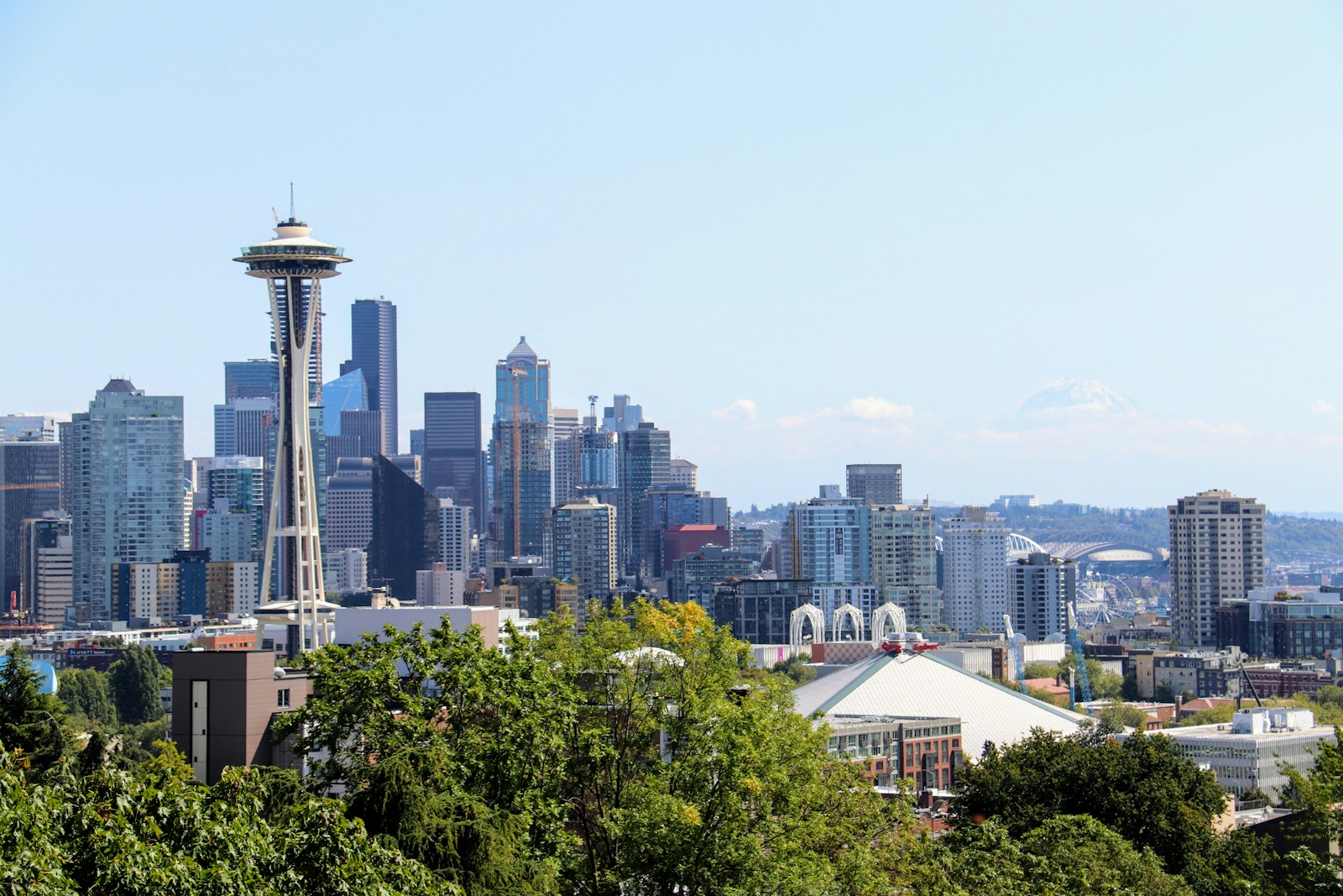 Seattle’s Space Needle and downtown skyline, with Mount Rainier in the distance